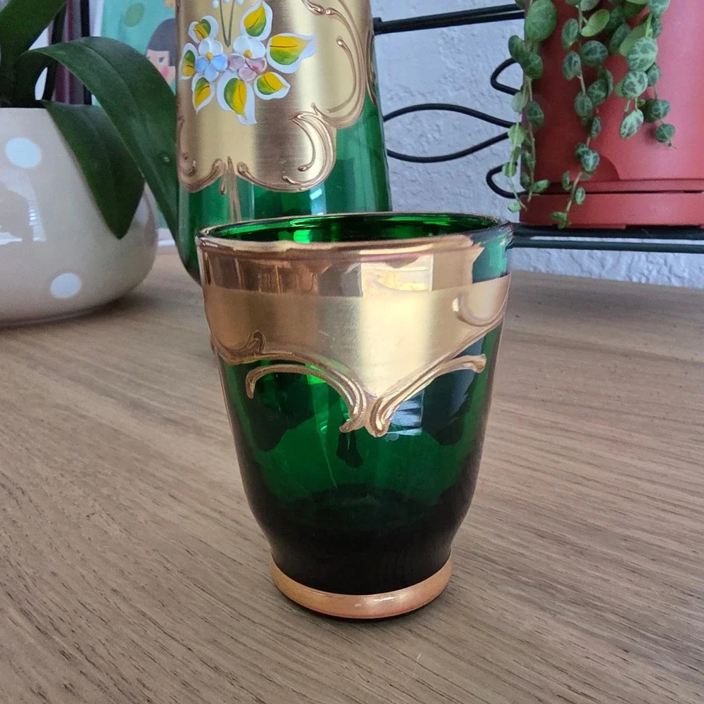 Murano Export Decanter Set Unisex OS Green 24KT Gold Hand Made Floral 5pc Set‎